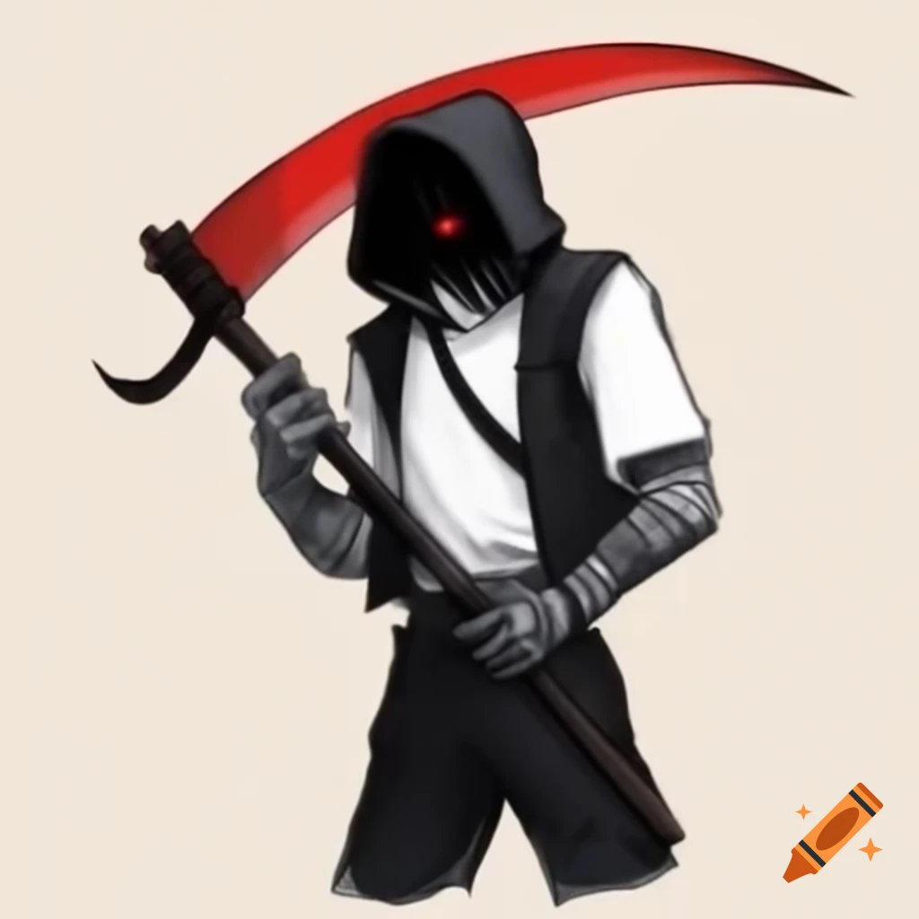 Mysterious figure in hooded attire with red scythe and gun, dressed in black and white