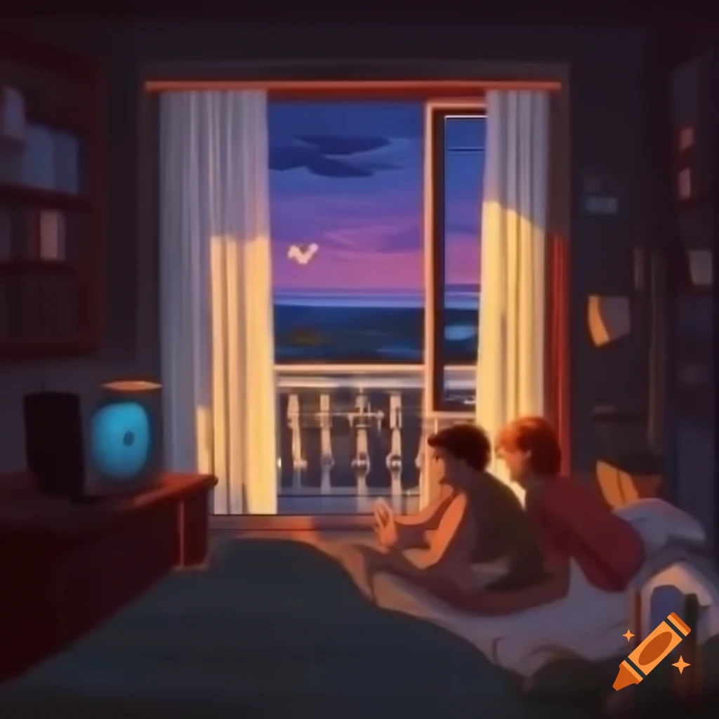 Lo-fi depiction of 1970s Soviet apartment with tulle curtains by the window