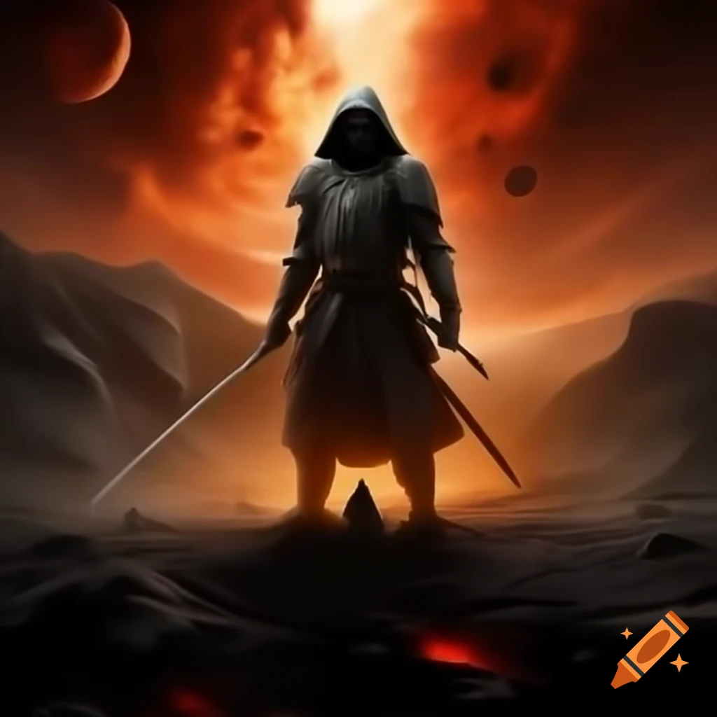 Cloaked warrior with katana in space against Martian landscape