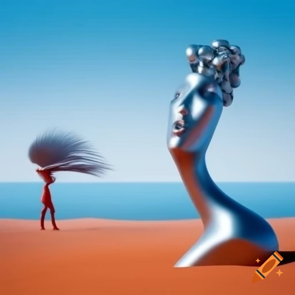 Pop surreal photography of woman silver statue in desert with blue lake