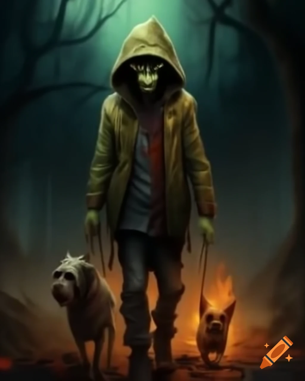 Zombie walking his dog, Halloween illustration
