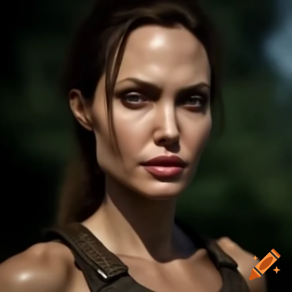 Portrait of Angelina Jolie as Lara Croft, emphasizing athletic physique