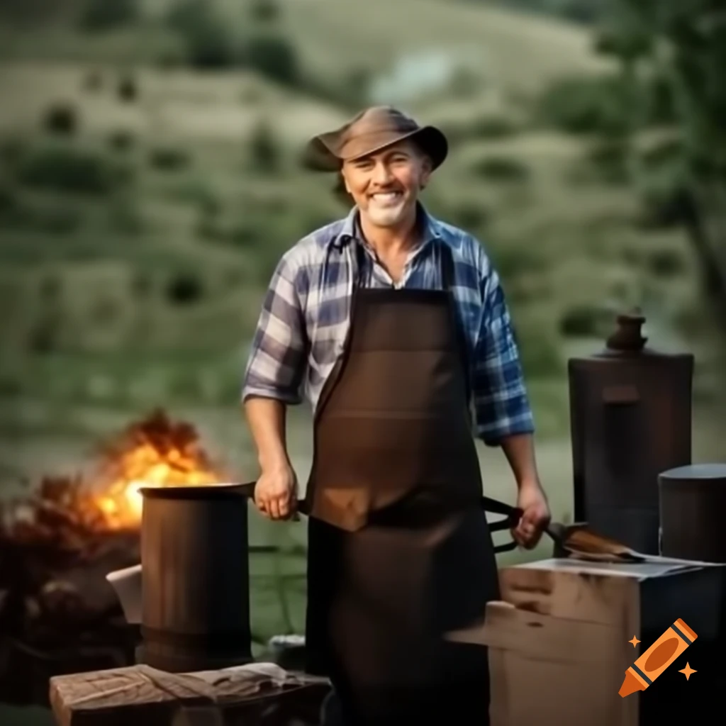 Happy blacksmith working outdoors in natural environment near home