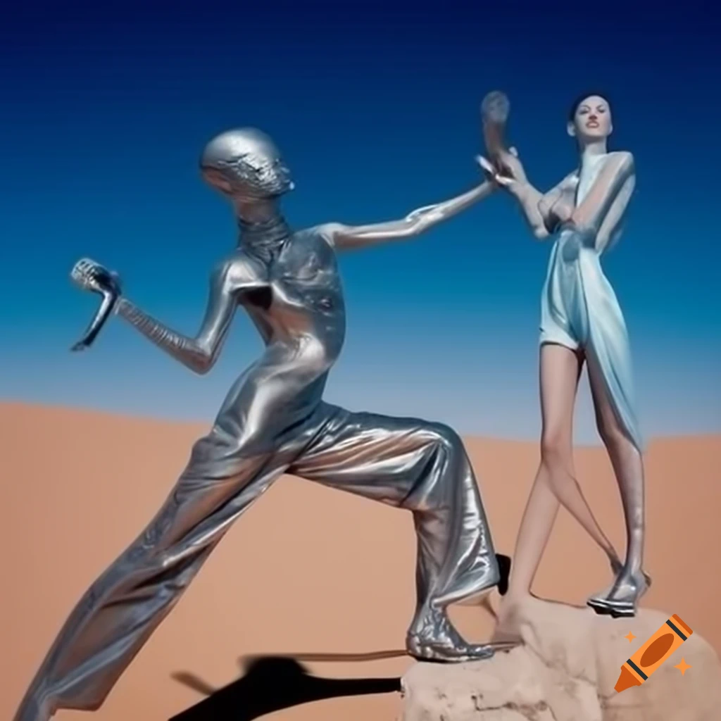 Pop surreal photography featuring silver statue of a woman in stone desert, 2000s style