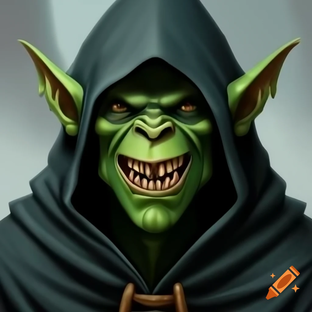 Hooded green-skinned goblin with pointed teeth