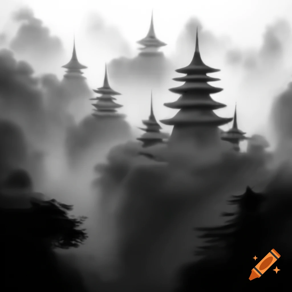 Monochrome ink drawing of misty morning with Shaolin pagodas