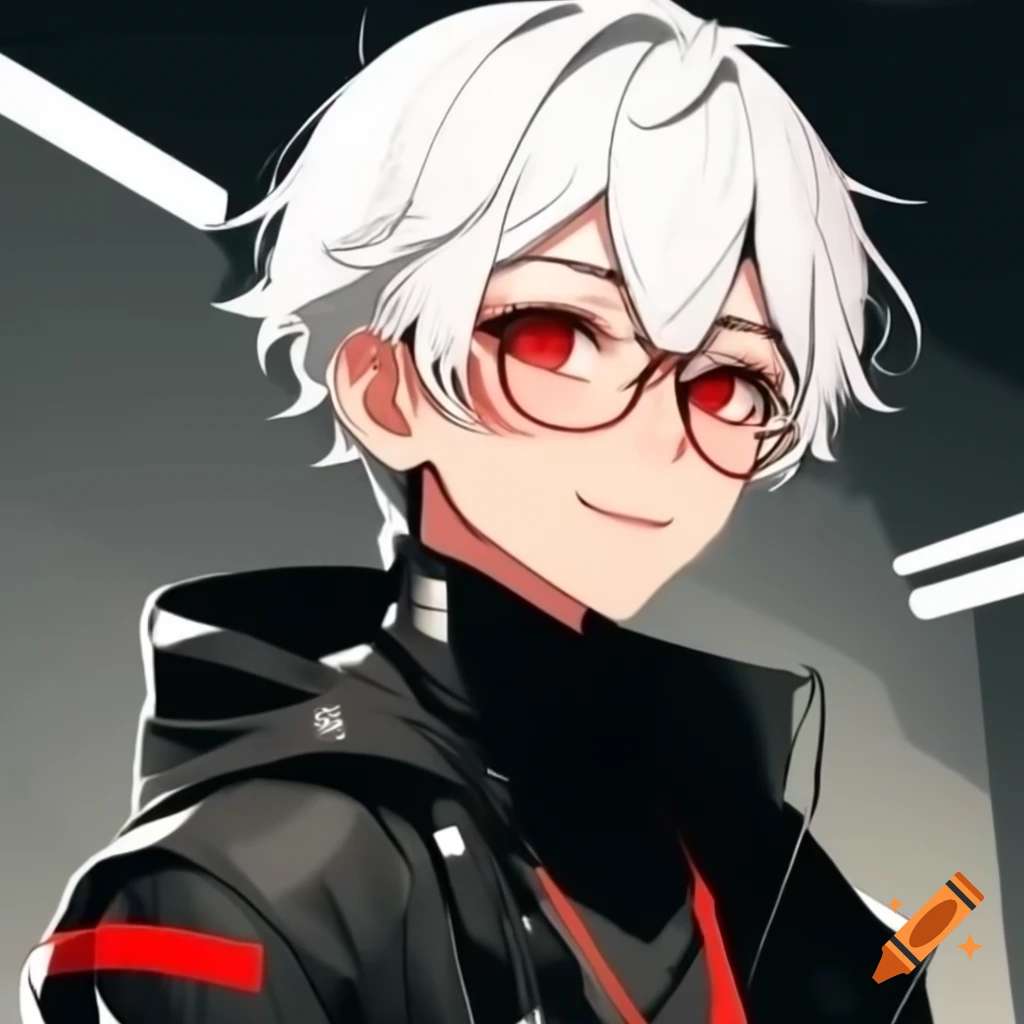 Anime character with red eyes and white hair in a black jacket, kind expression