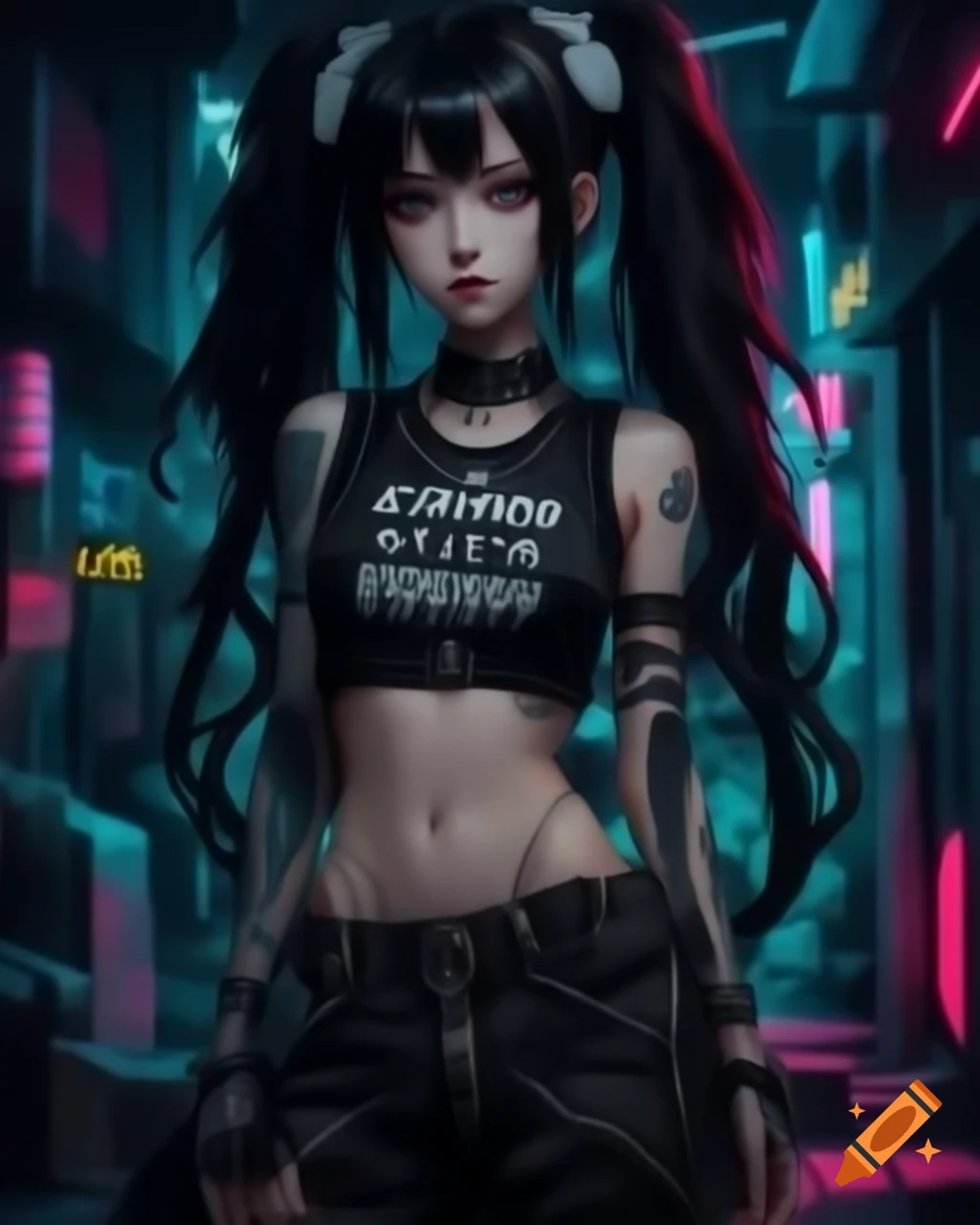 Punk-inspired slender young woman in dystopic fashion with lowrise pants and crop top