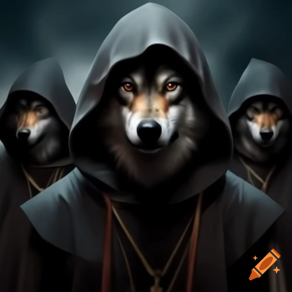 Powerwolf music group with wolf faces in priest robes and hoods