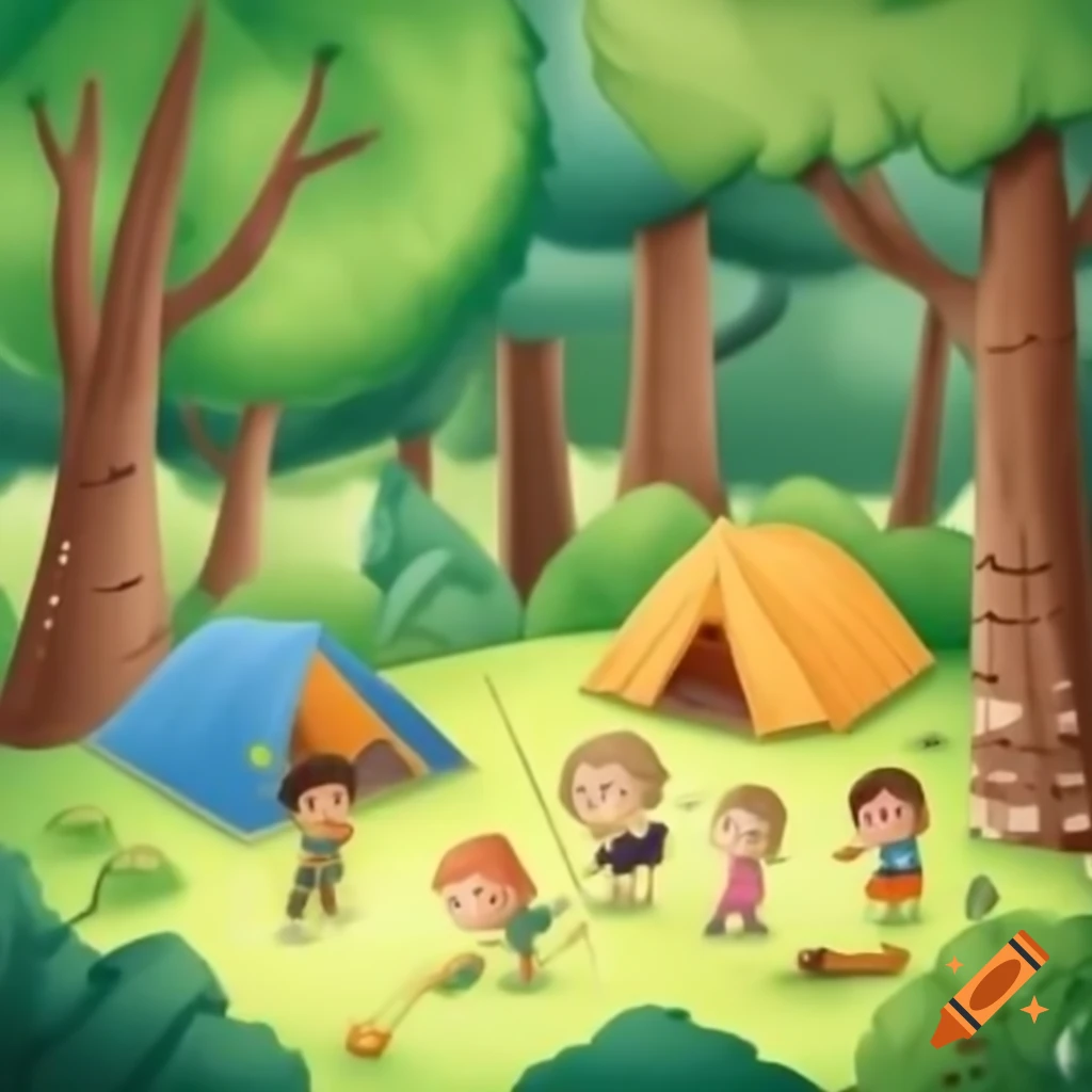 Children's drawing of forest clearing with tents and kids playing