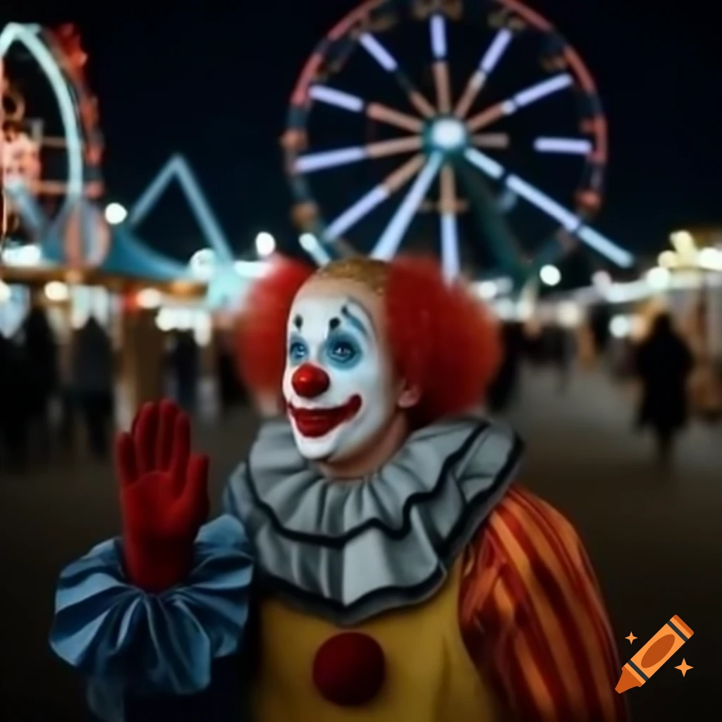 Clowns enjoying night at fair with rides in background