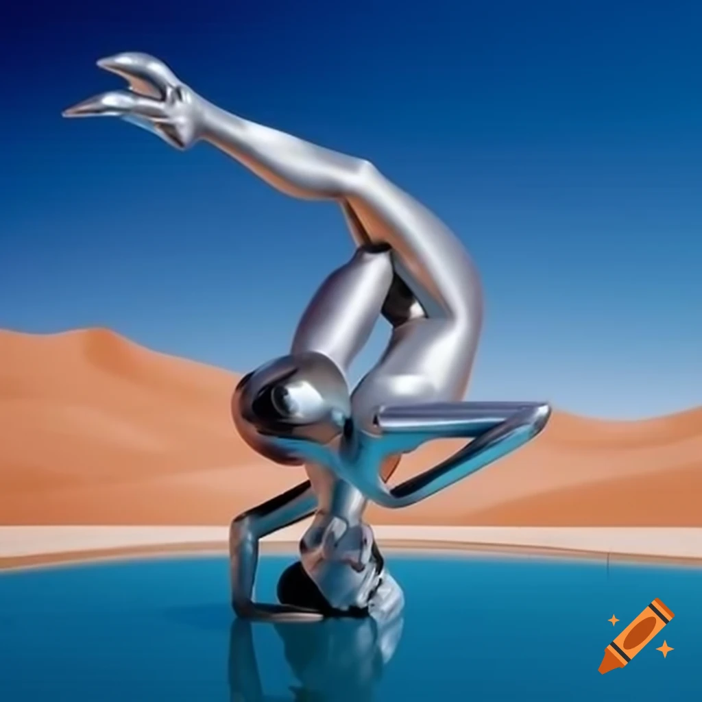 Pop surreal photography of silver statue woman in desert with blue lake