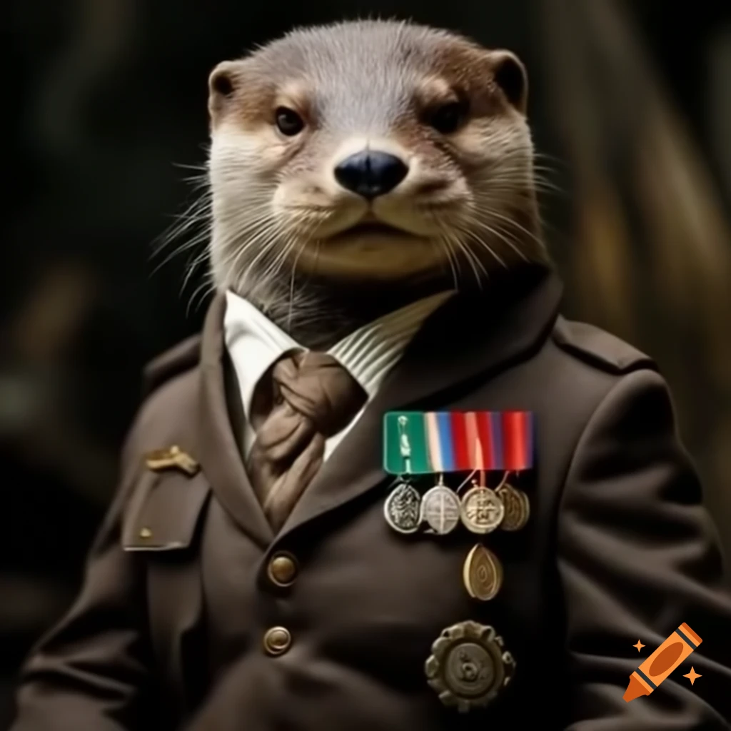 Otter in suit adorned with medals in dieselpunk World War II style