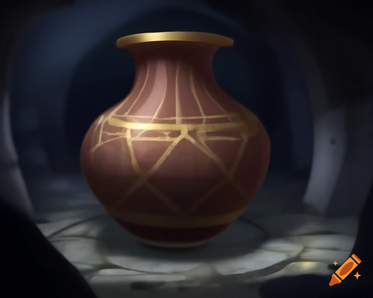Ancient vase with gold patterns in a dungeon setting
