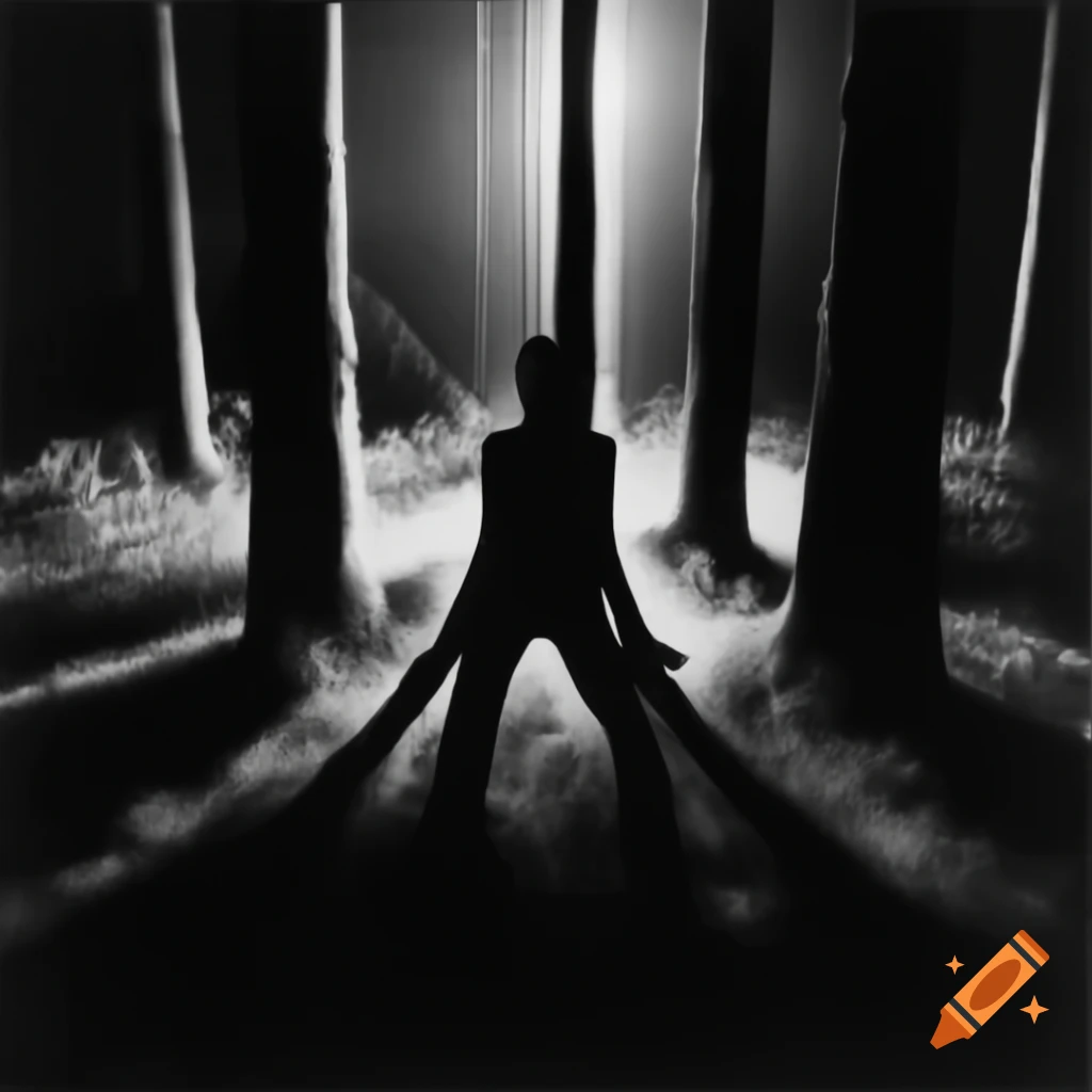 Tall slender figure crawling in dark forest, 80s style movie poster