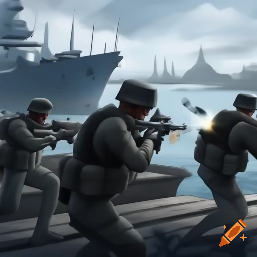 Modern soldiers engaged in combat at dock area