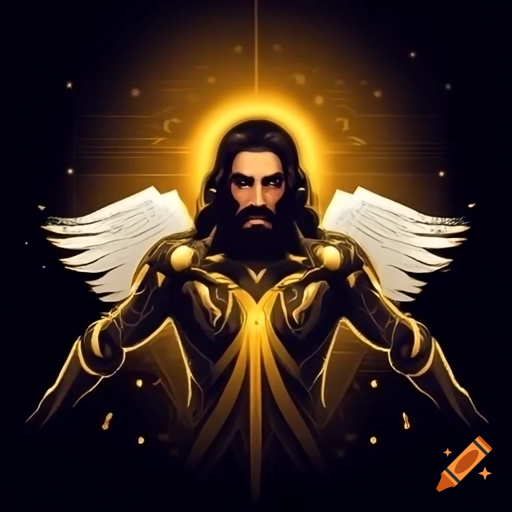 Powerful logo depicting armored Jesus radiating golden light and divine feathers