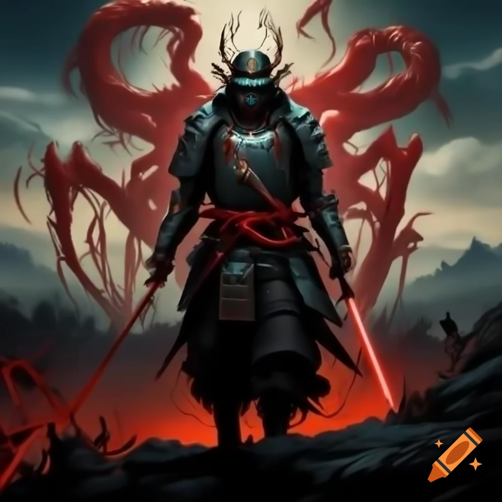 Cybernetic samurai in neon armor gazing over vast battlefield landscape with mountains