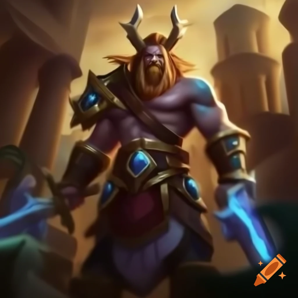 Greek God Warrior wielding two swords in ancient city background, inspired by World of Warcraft