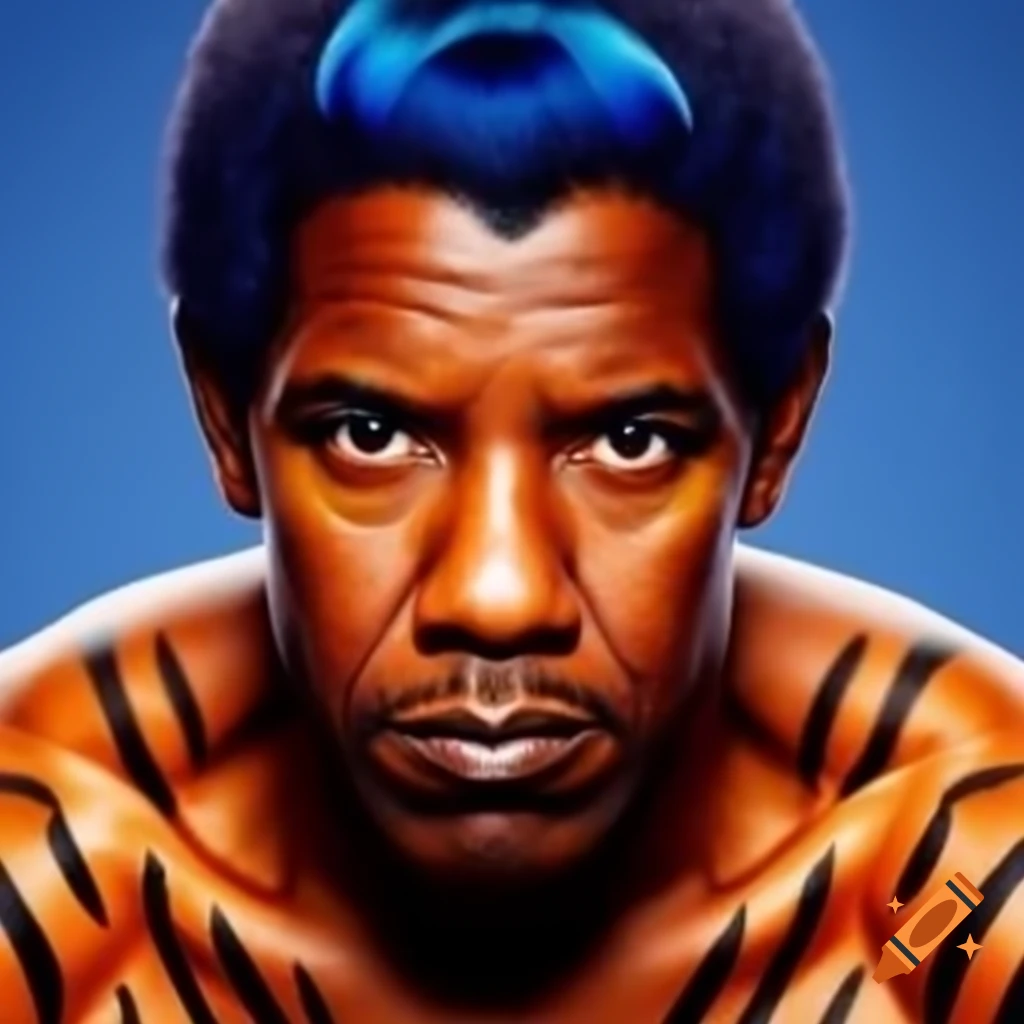 Muscular figure resembling Denzel Washington with tiger-style makeup and blue hair
