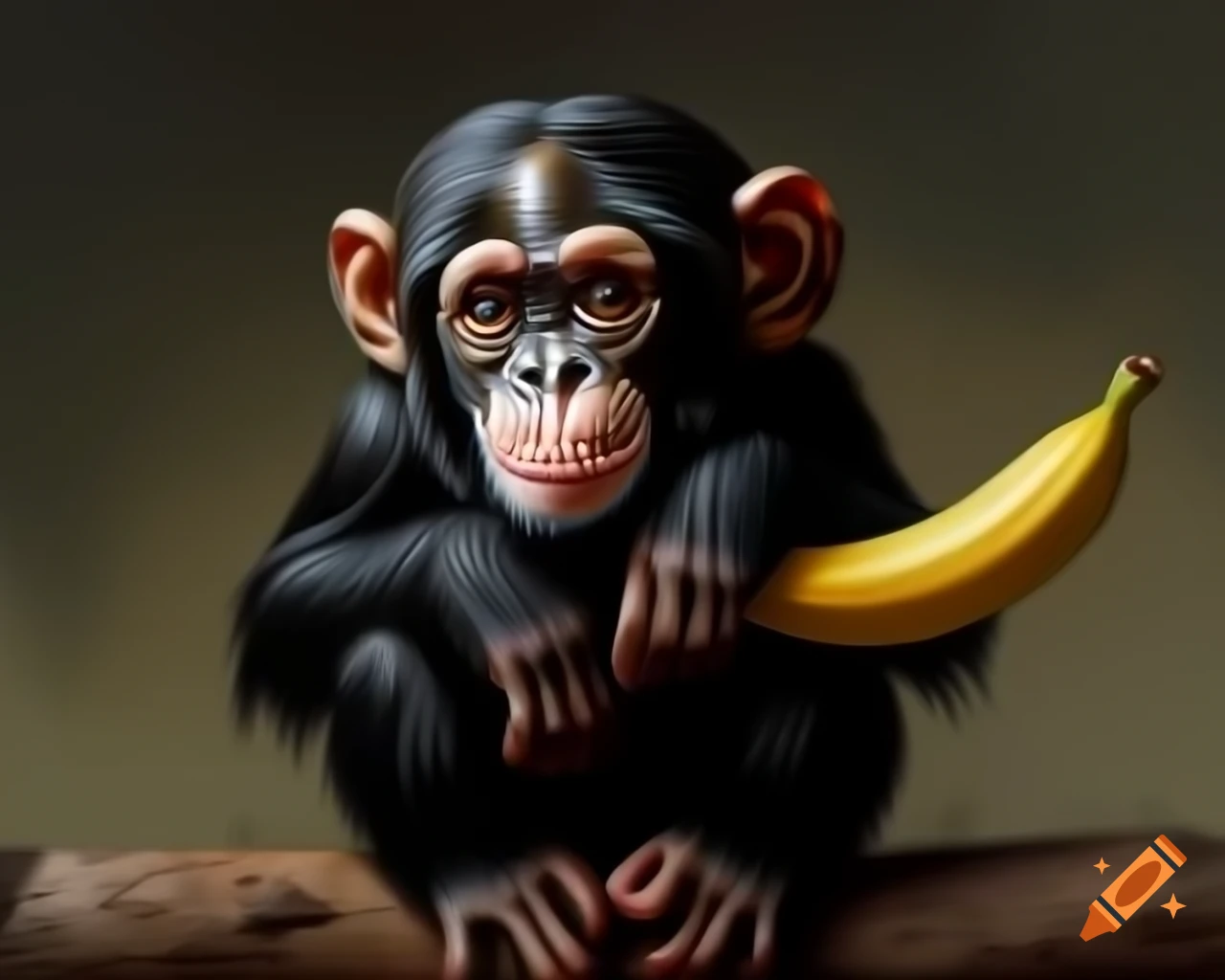 Mischievous chimpanzee peeling golden banana on weathered log, watercolor style