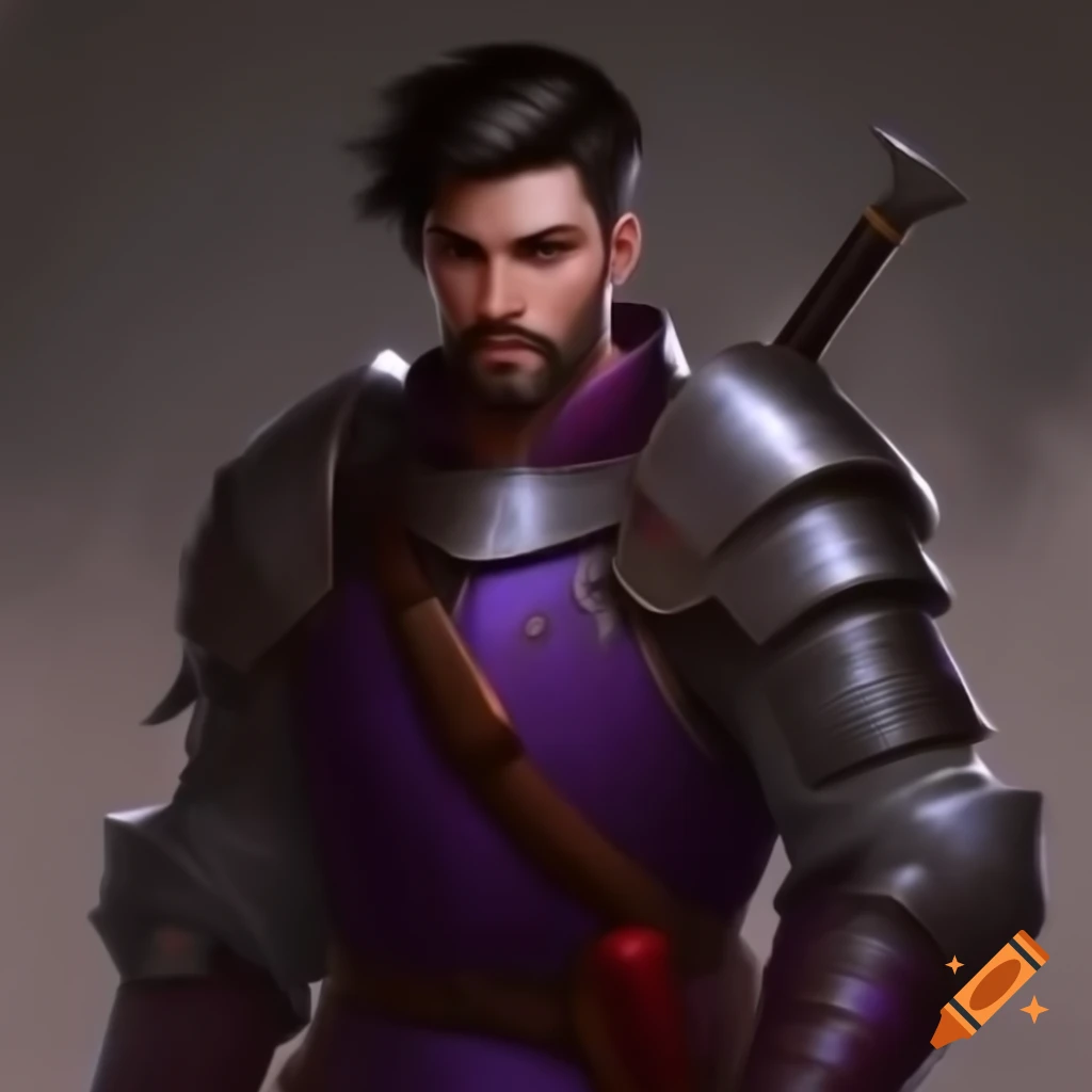 Handsome young adult male in fantasy steel armor with red highlights, holding sword and shield