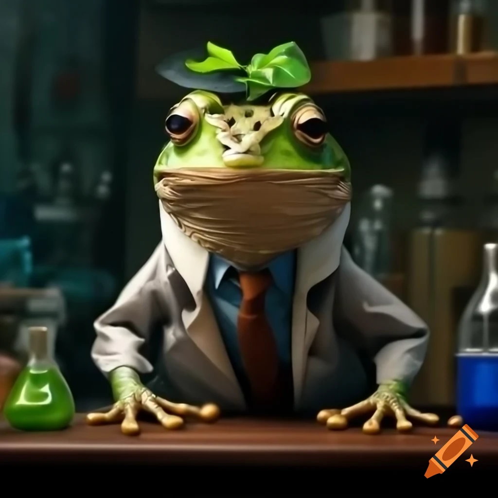 Human figure with spotted tree frog head and arms in lab with fantasy figures