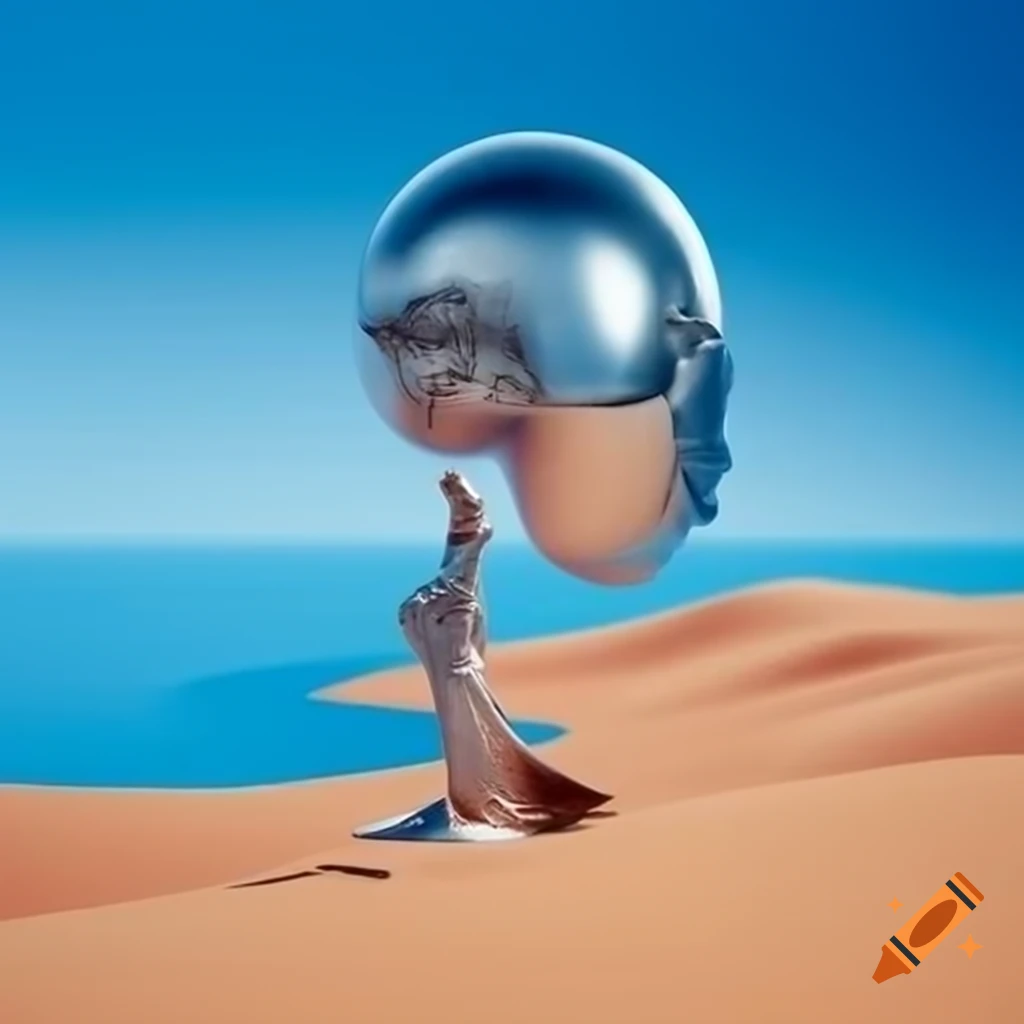 Pop surreal photography of woman silver statue in desert with blue lake