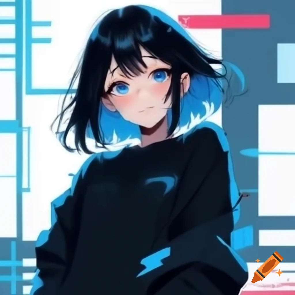 Anime girl with black and blue hair in black sweatshirt posing against futuristic background