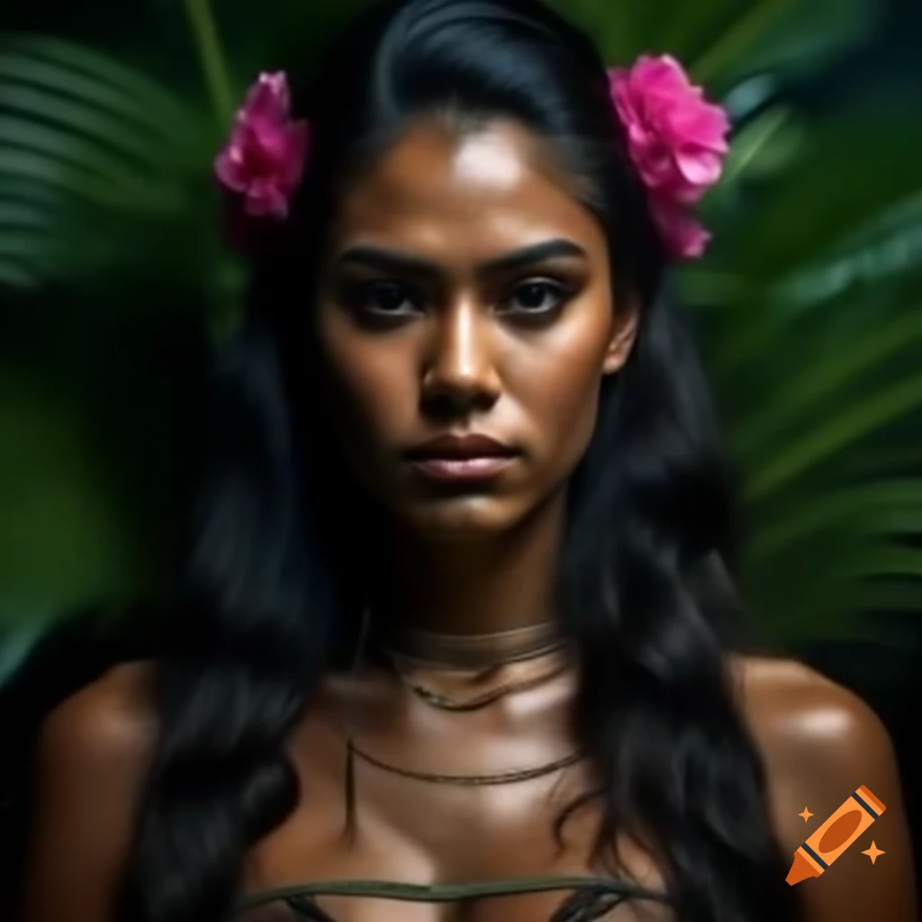 Young Hawaiian Woman In Futuristic Combat Outfit With Light Eyes And 