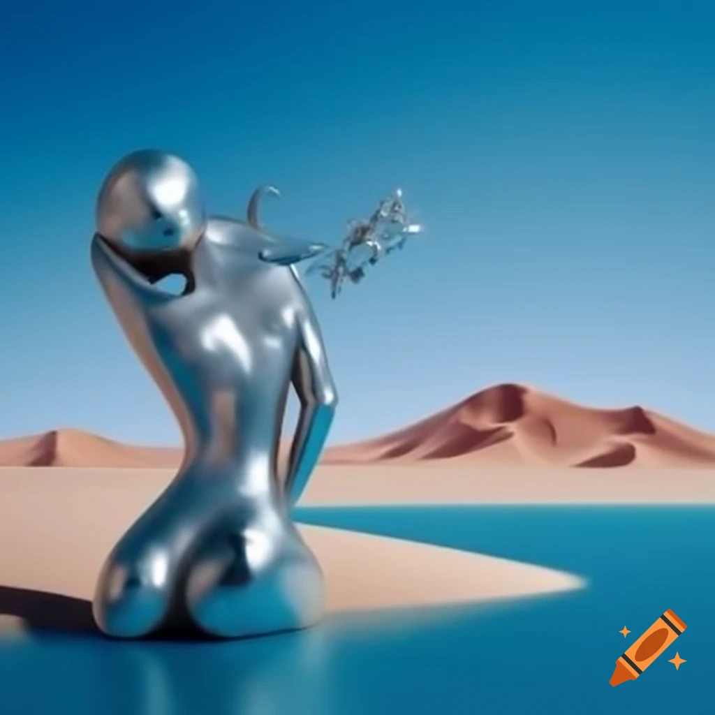 Pop surreal photography of silver statue woman in desert by blue lake, high detail