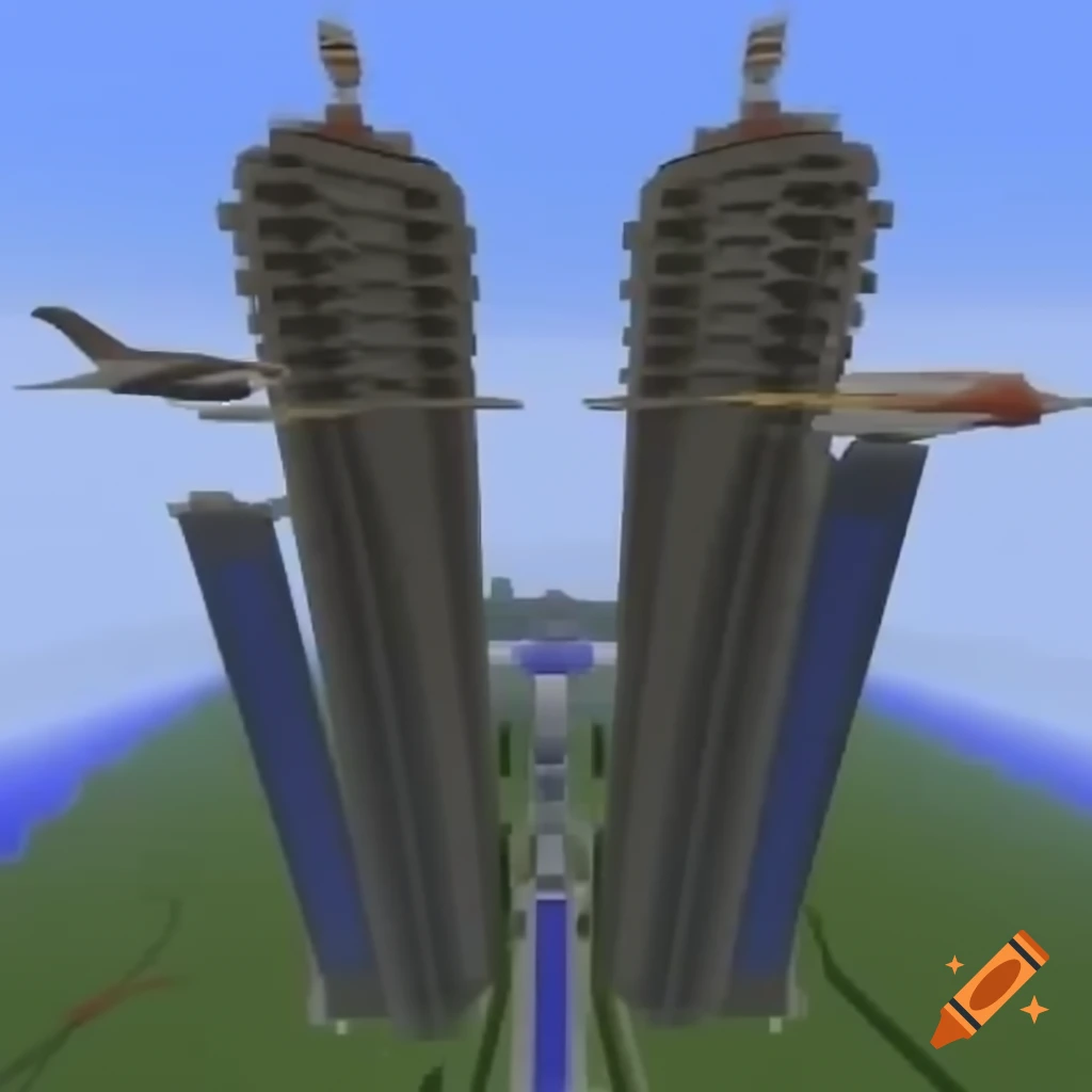 Minecraft-style twin towers with planes