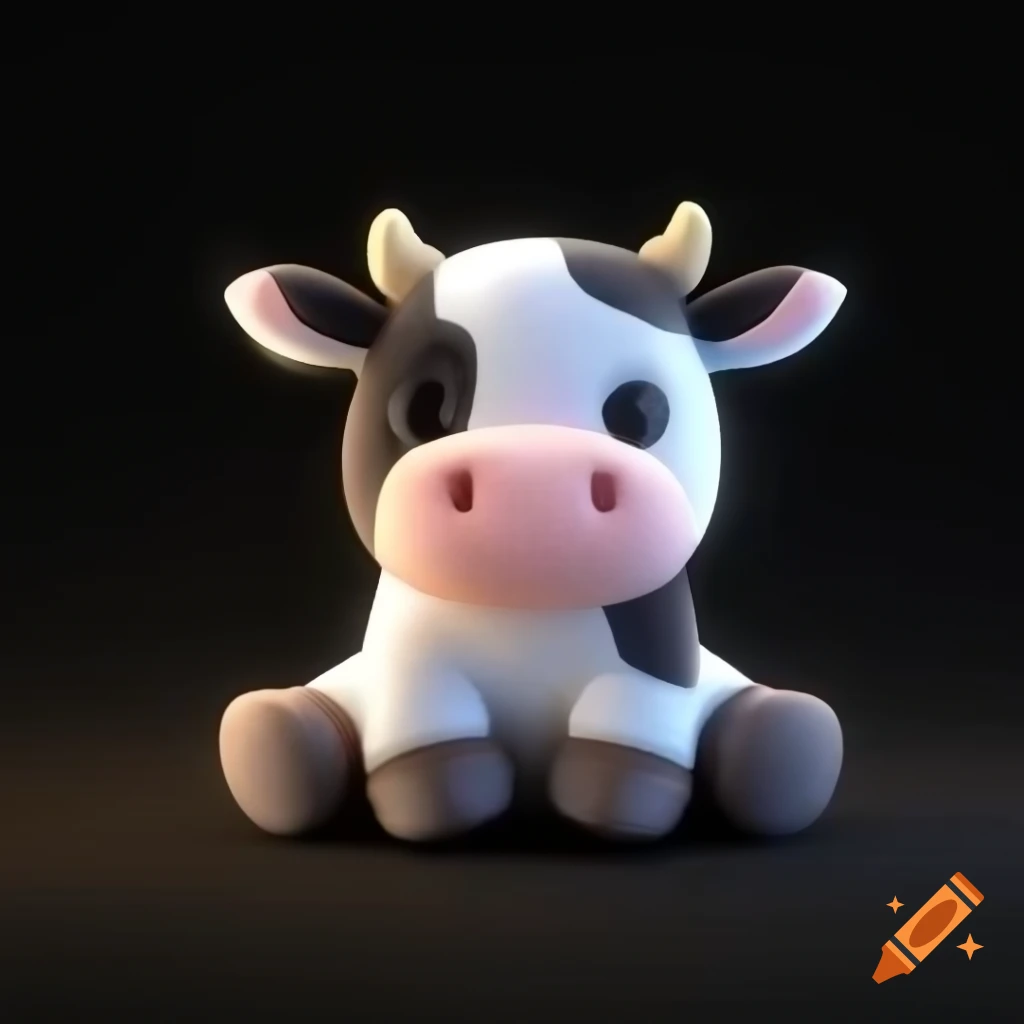 Cute 3D anime-style cow plush on black background