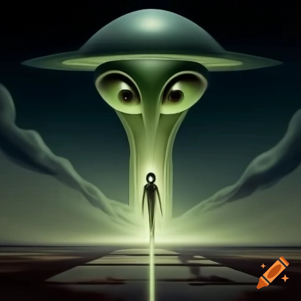 Realistic depiction of an alien in beam of light from UFO, slender body and large black eyes