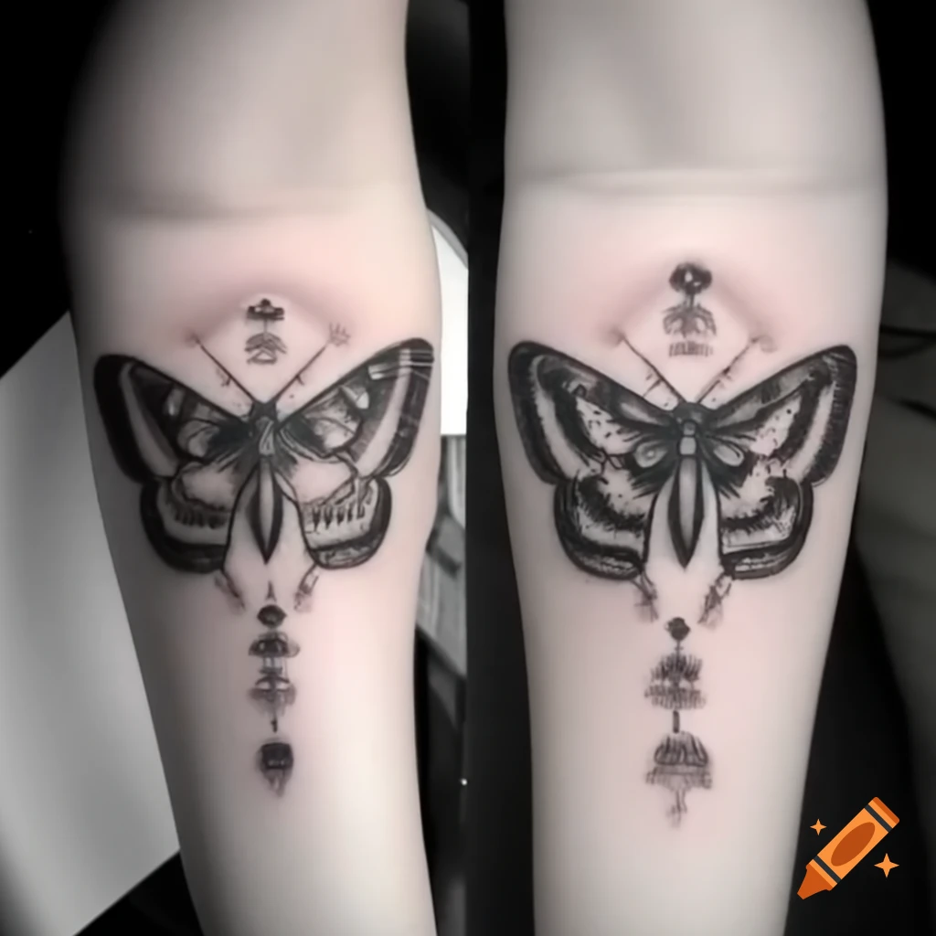 High-contrast grayscale tattoo of two moths with intricate linework under the knee