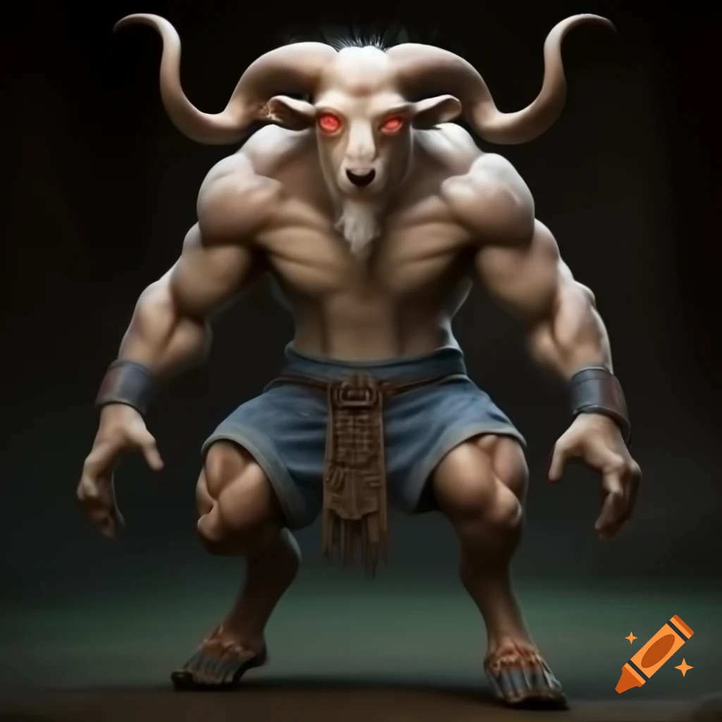 Goat-headed demon with muscular body and tennis shoes in realistic depiction