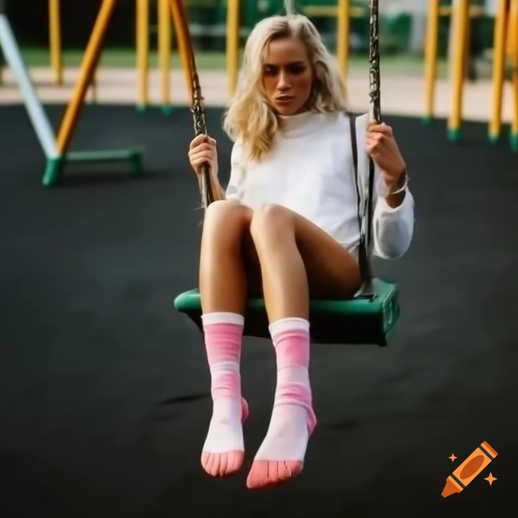 Woman with blonde braids swinging in playground, showing dirty socks
