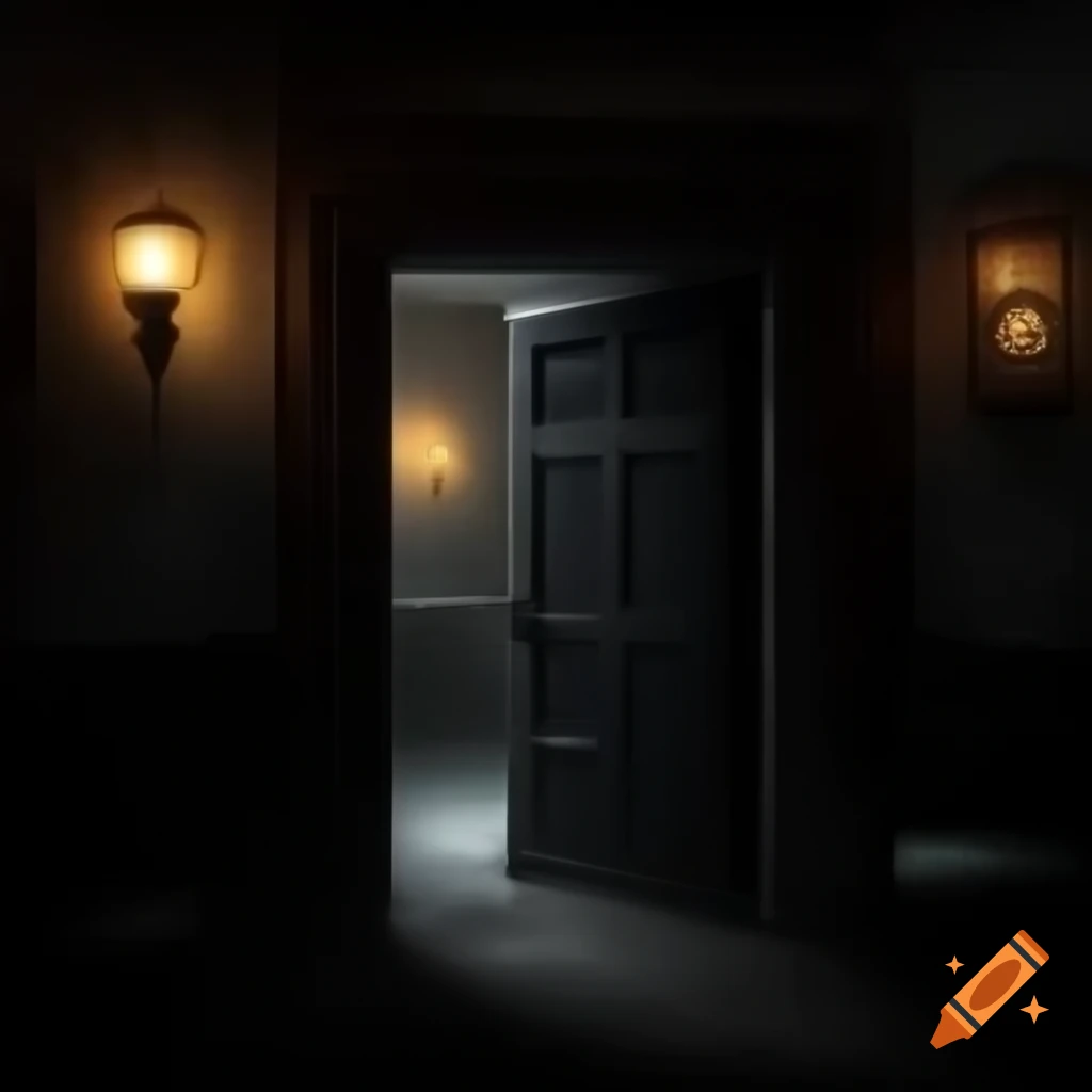Creepy black hotel door, eerie atmosphere
