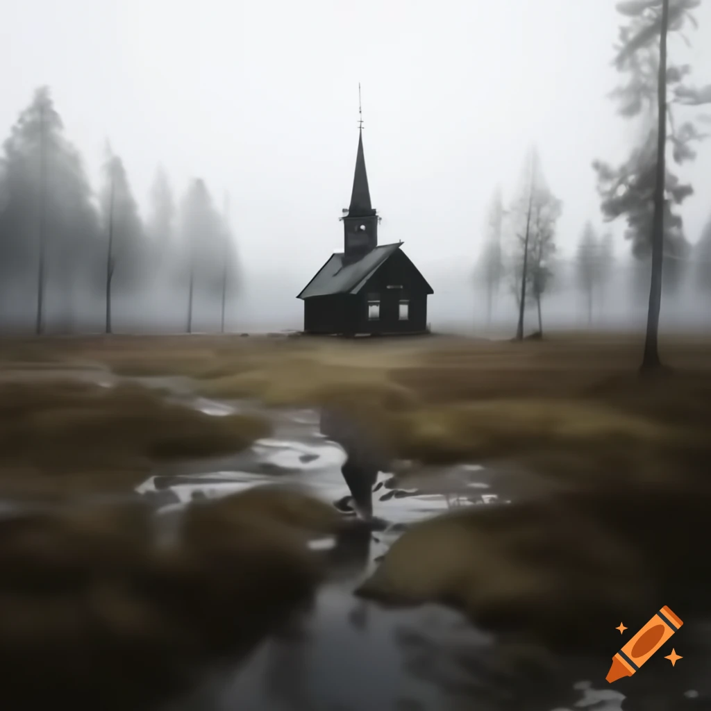 Misty forest meadow featuring a small Swedish church in watercolor