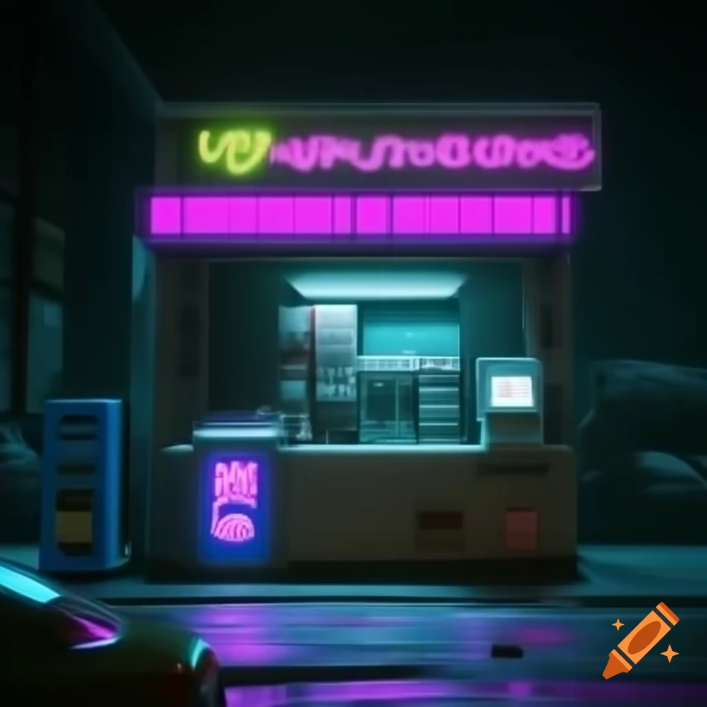 Cyberpunk style small convenience store with neon lights