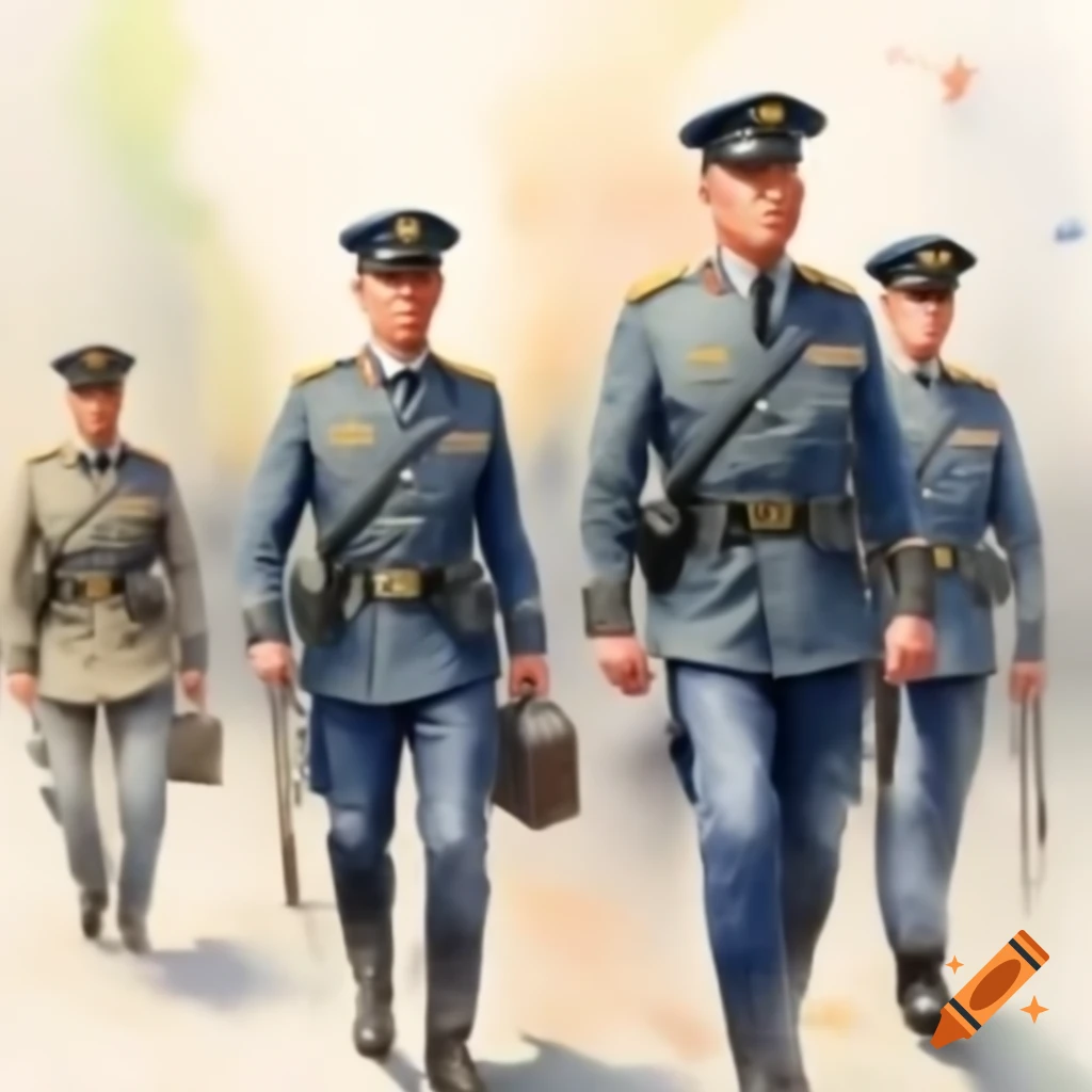 Watercolor depiction of military commissariat staff day