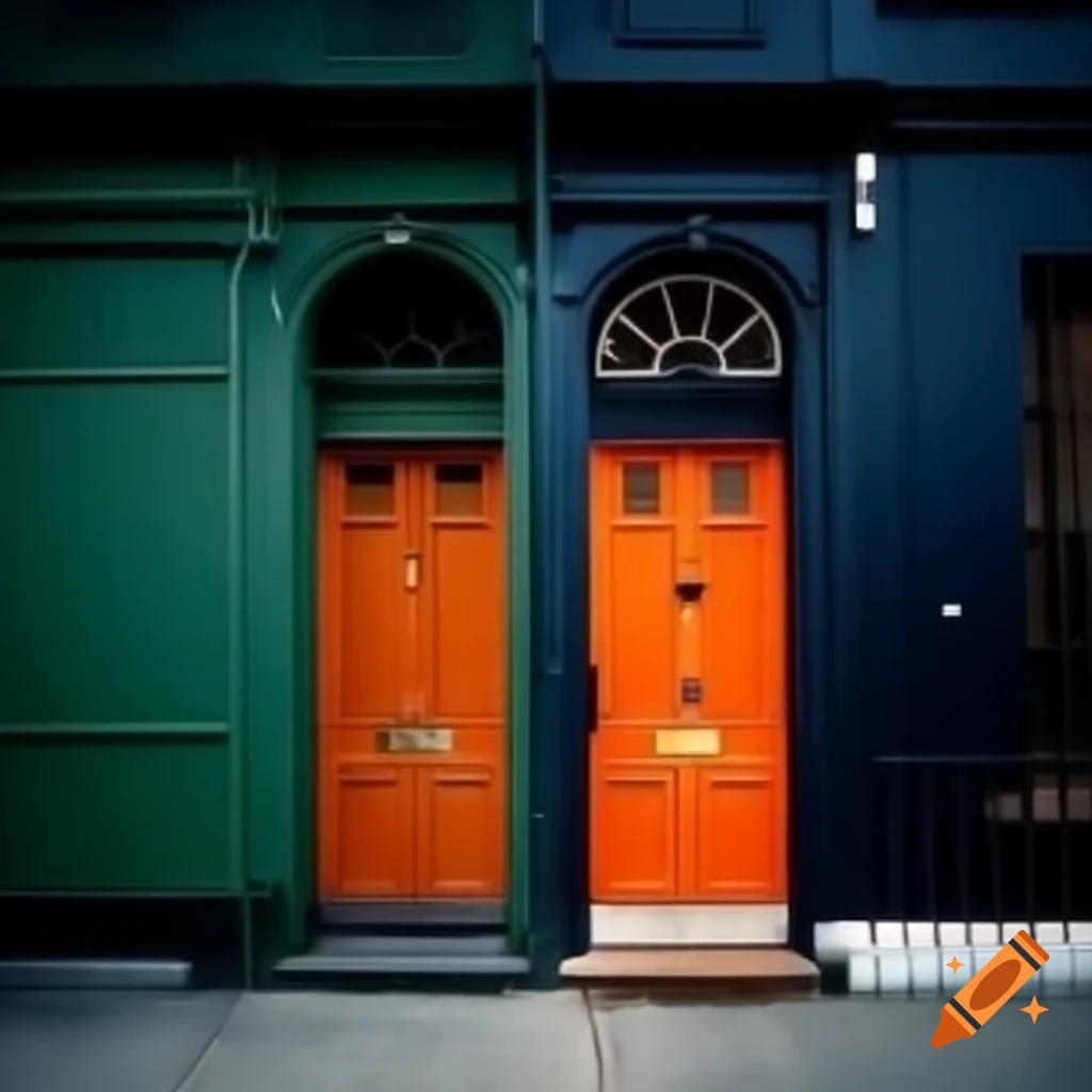 Interior with dark green walls and bright orange door trim on craiyon