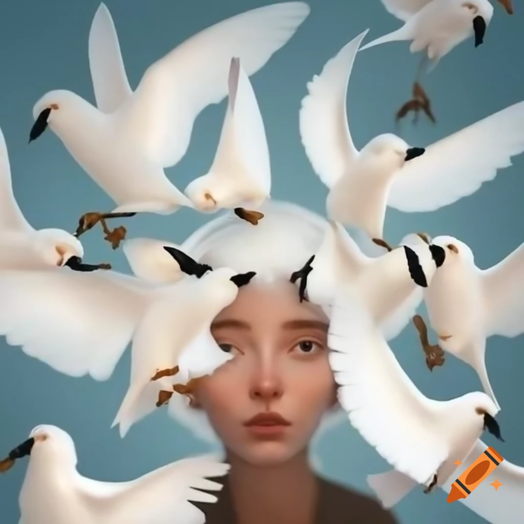 Flock of white birds with human eyes on their wings