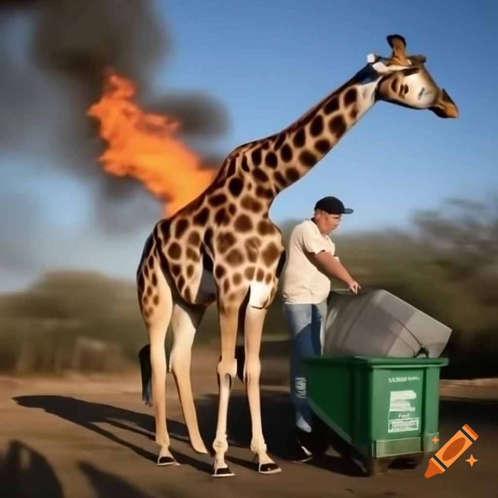 Republican character humorously riding a giraffe next to a dumpster fire
