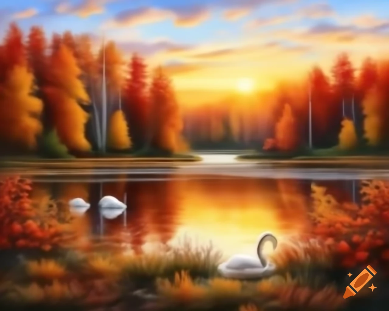 Asymmetric lake with colorful trees and shrubs, swan under warm autumn sunlight, detailed painting