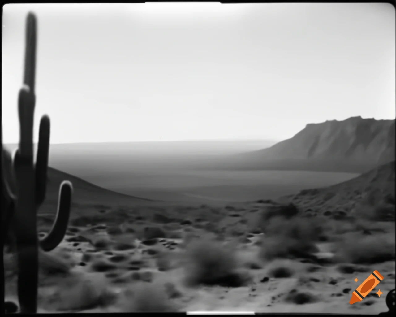 Scenic black and white desert landscape with cactus, 1849