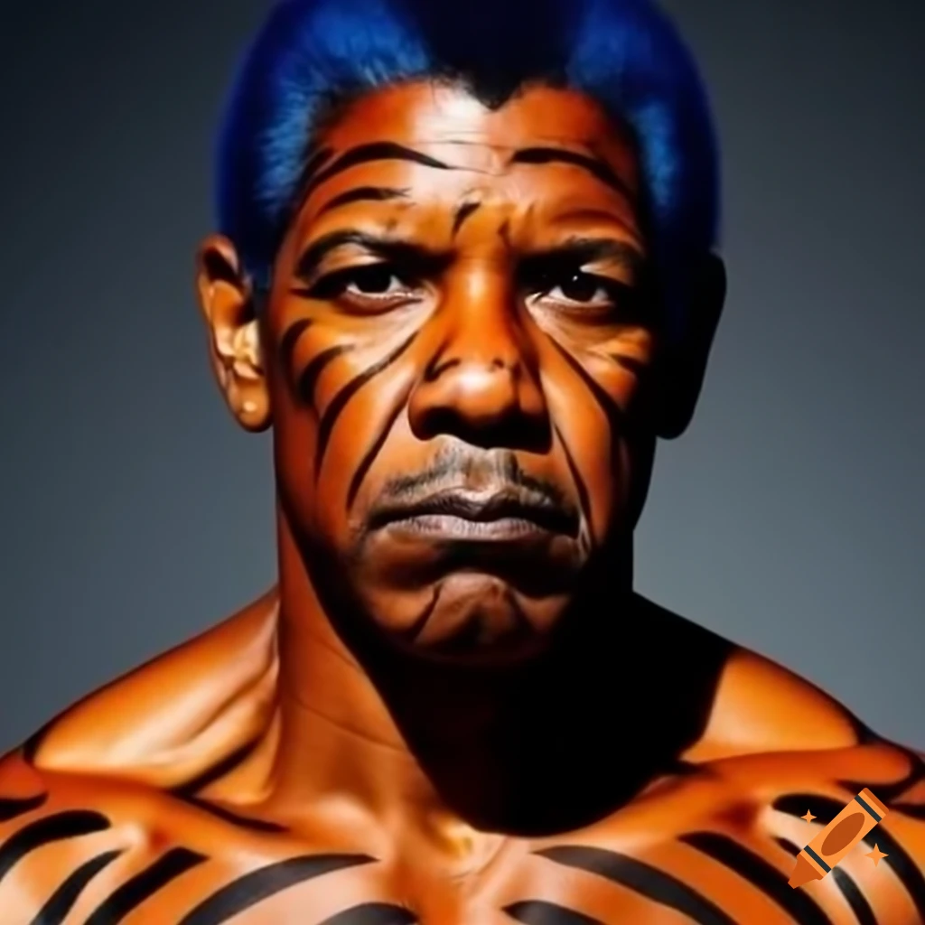 Muscular figure with tiger-style makeup and blue hair, artistic representation