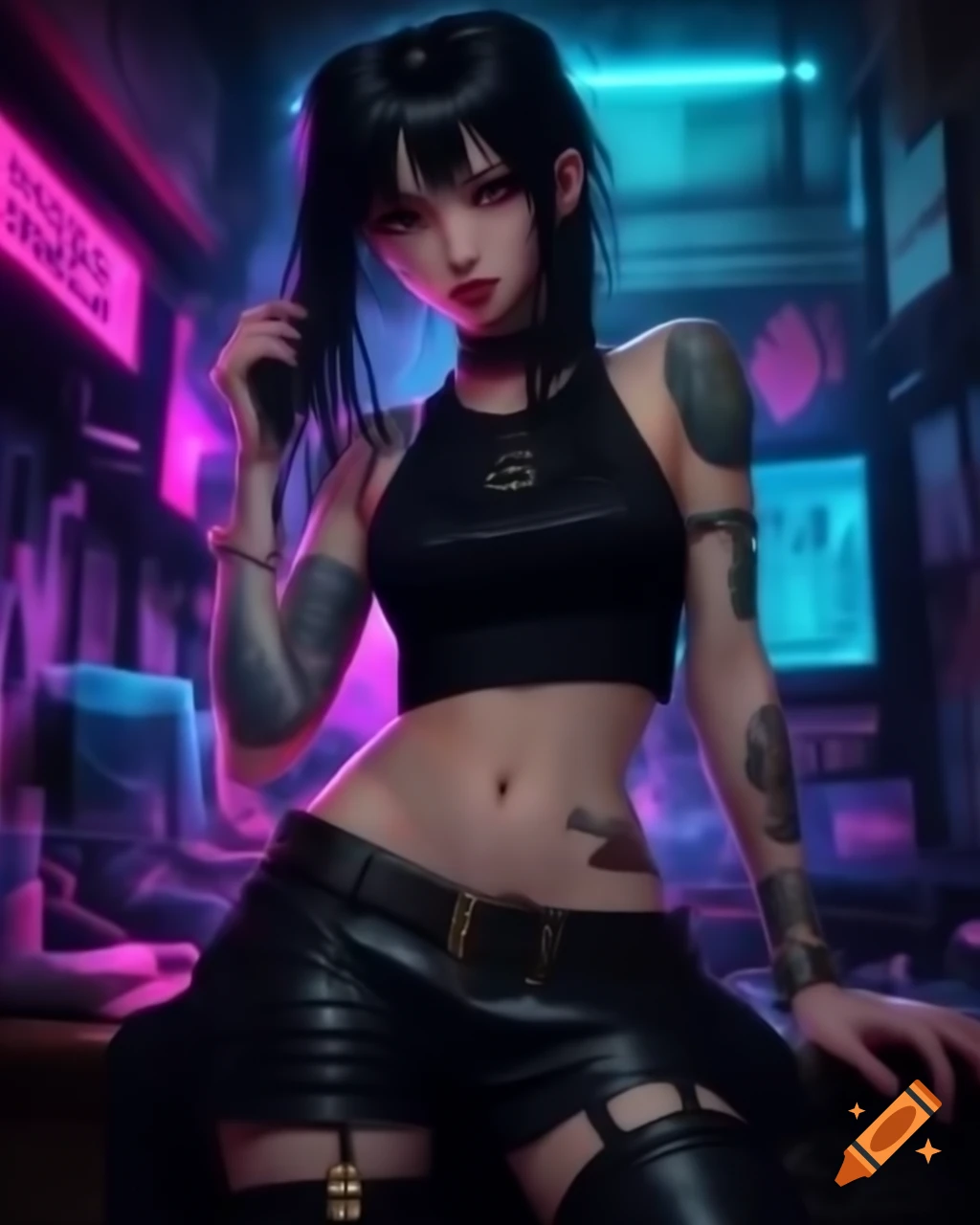 Punk-inspired young woman in dystopic fashion with black hair and crop top