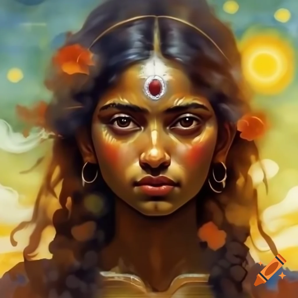 Full-body portrait of Bangladeshi goddess in Van Gogh and Rembrandt style, ultra detailed