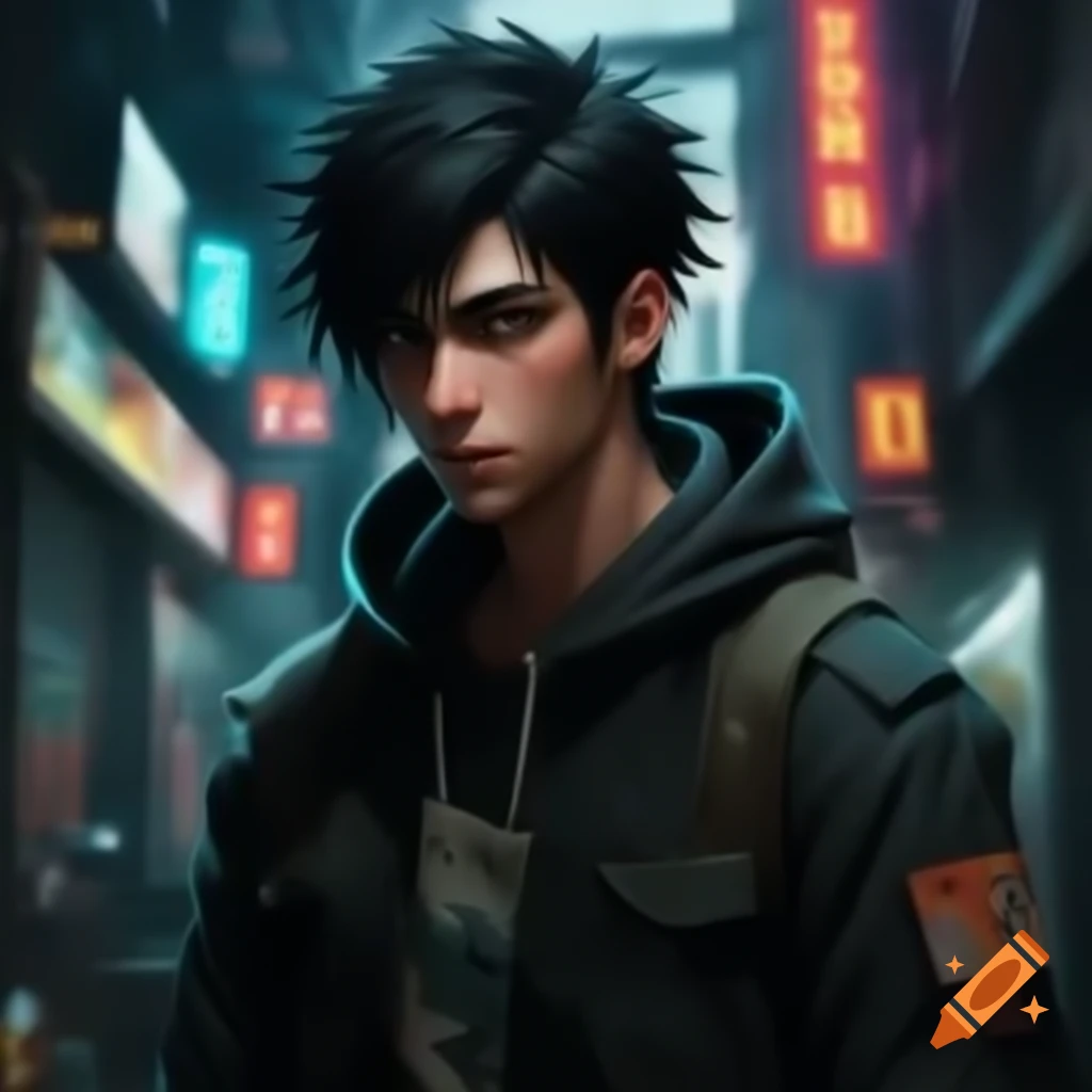 Young man in dystopian city with digital wrist device and determined expression